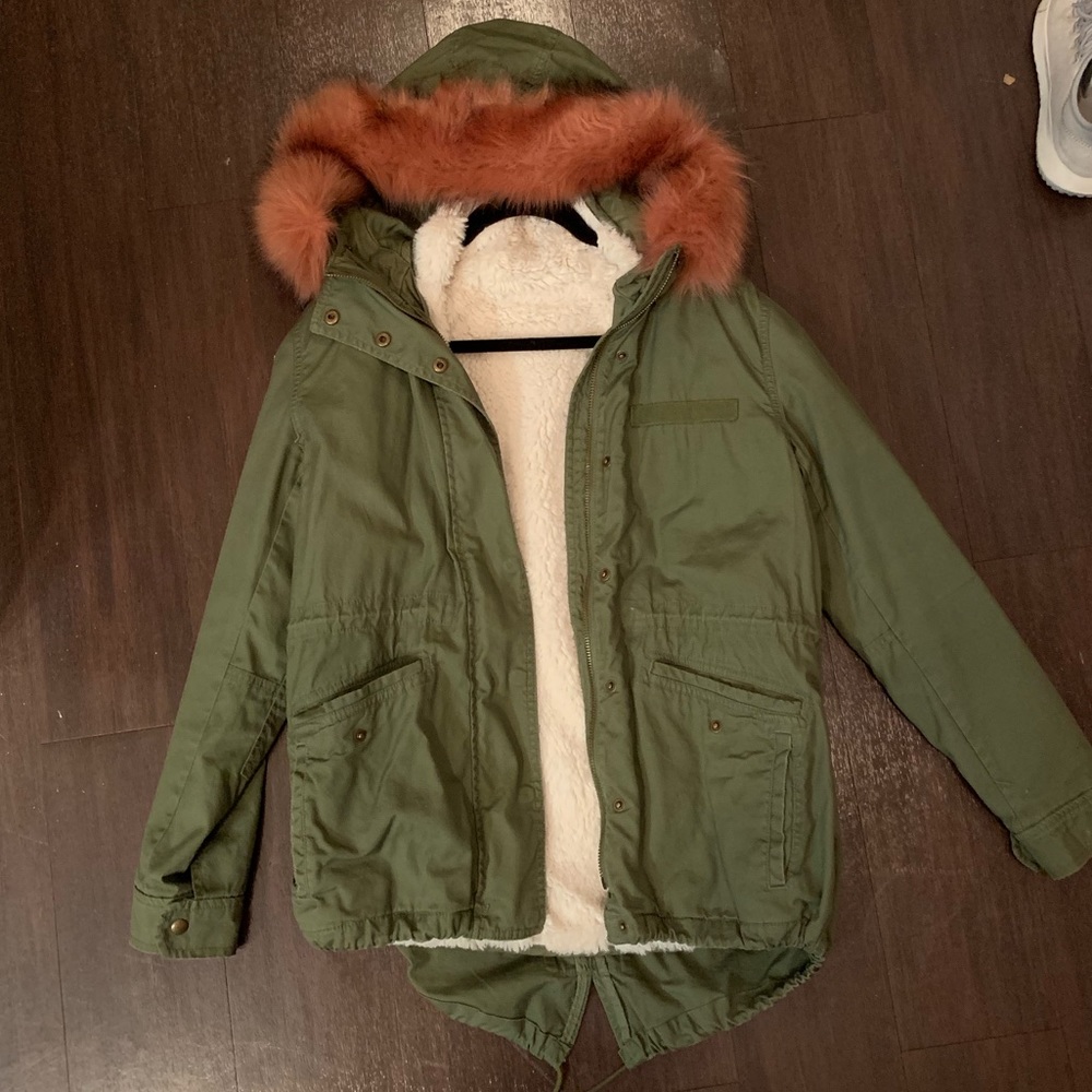 Green Coat with Pink faux fur hood